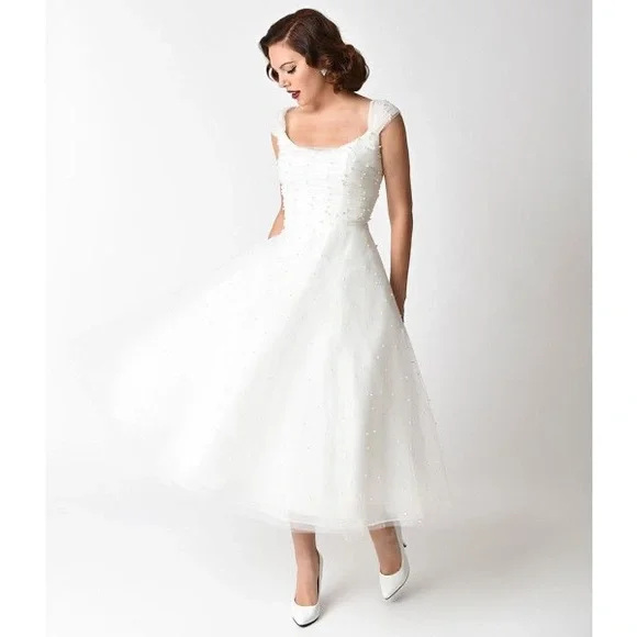 Voodoo Vixen Betsy Bridal Tulle and Pearl Tea length Dress - Picture 2 of 7